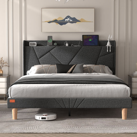 NISIEN Bed Frame with Charging Station, Upholstered Platform Bed Frame with Wingback Storage Headboard, No Box Spring Needed, Noise-Free Dark Grey