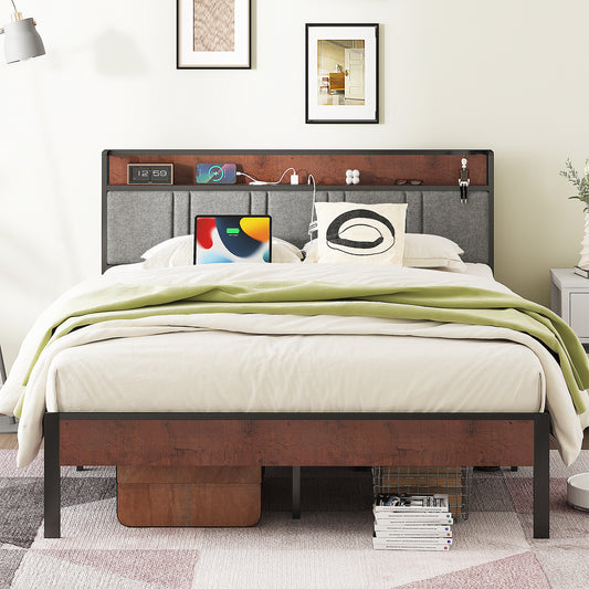 NISIEN Queen Bed Frame, Platform Bed Frame with Storage Headboard and Charging Station, No Box Spring Needed, Grey