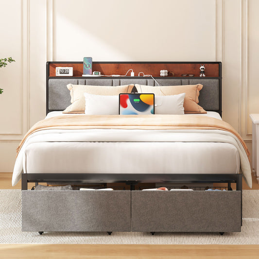 NISIEN Queen Bed Frame with 2 Storage Drawers , Platform Bed Frame Queen Size with Storage Headboard and Charging Station, No Box Spring Needed, Grey